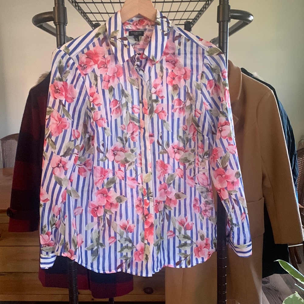 Talbots medium petite sheer striped and floral button down